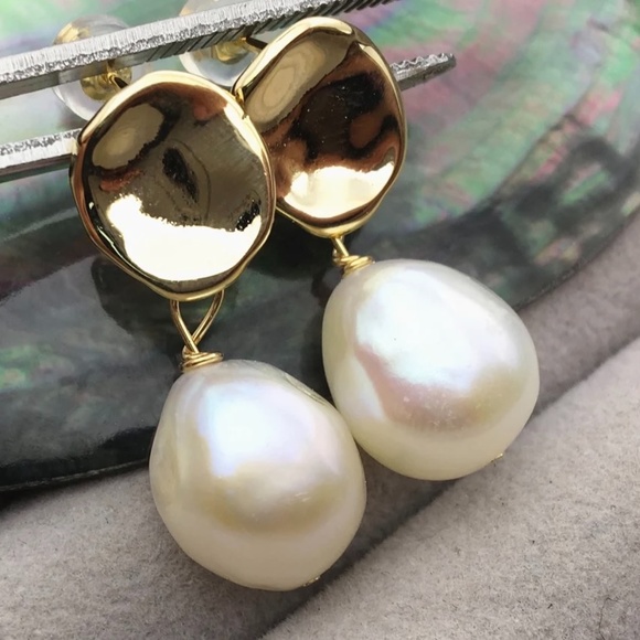 White Cultured Pearl Stud Earrings 14K Gold Plated - Picture 3 of 7